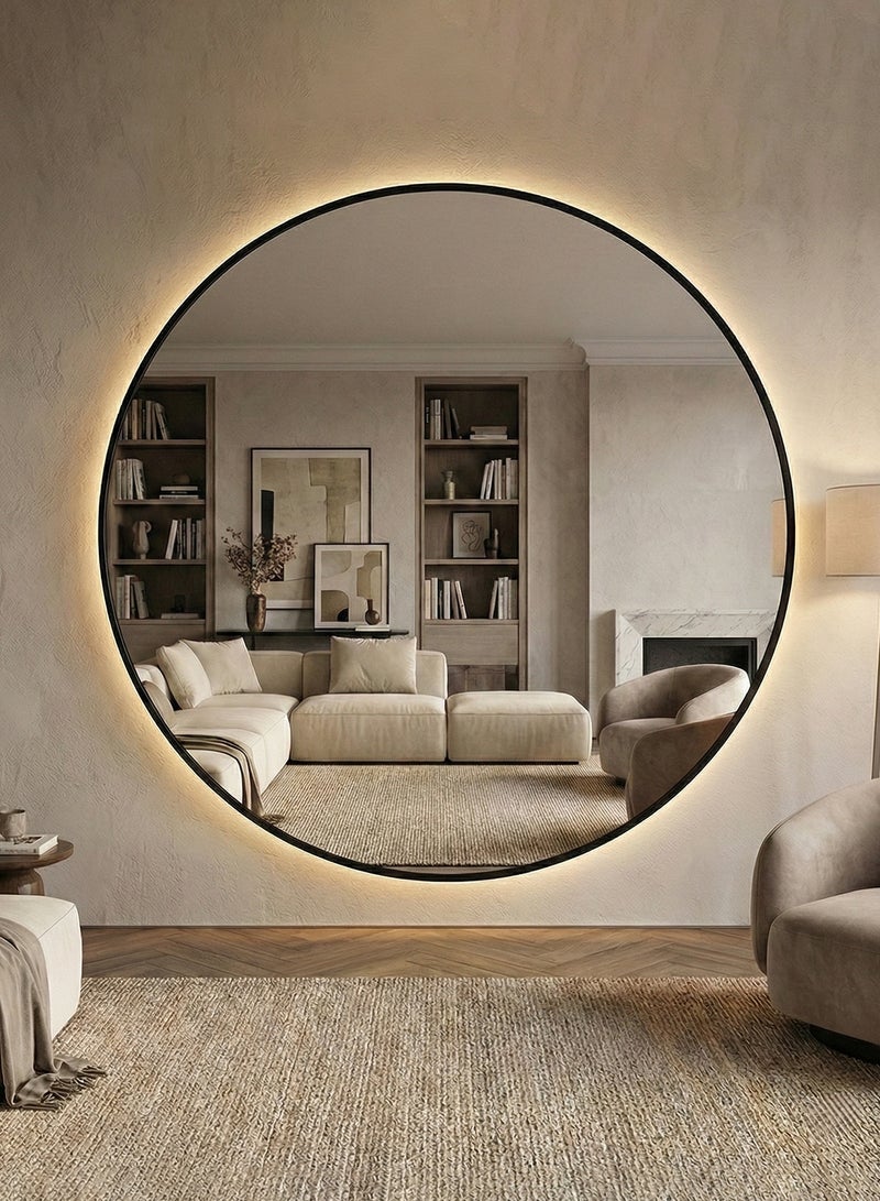 تايمي مرآة حائط 120سم بإضاءة ليد خلفية تعمل باللمس وإطار معدني أسود، مرآة مكياج مثبتة علي الحائط بتصميم عصري، مرآة للحمام وغرفة النوم وغرفة الملابس ومدخل المنزل - Image 1